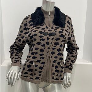 Jamie Sadock Animal Print Fur Collar Layered Cardigan Sweater Brown Black Size M